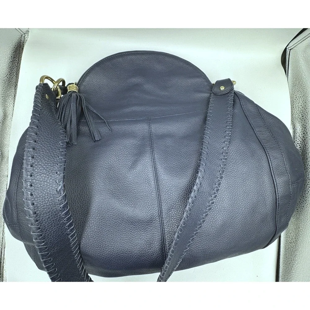 Onna Ehrlich Rachel Navy Blue Pebbled Leather Fold-Over Bag Tassel ASO Cam Diaz